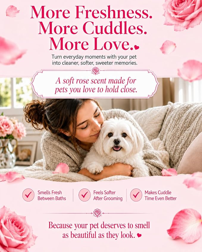 Pet Cologne for Dogs & Cats, Soft Rose Deodorizing Spray, Long-Lasting Fresh Scent, Non-Sticky Coat Conditioning & Odor Control Formula | Travel-Friendly, 3.38 fl oz