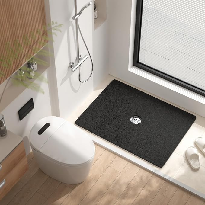 HITSLAM Shower Mat, 32 x 24 Inch Non Slip Bath Mat for Tub, Soft PVC Loofah Bathtub Mats with Drain Holes, Quick Drying Bathroom Stall Floor Mat, Bathroom Accessories Without Suction Cup, Black