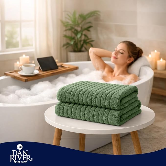DAN RIVER Pack of 2 Bath Sheet 35x70 Inches, Extra Large Ribbed Quick Dry Bath Towels for Bathroom, Soft Absorbent Towels - Sage Green
