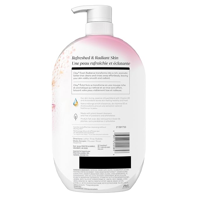 Olay Body Wash for Women, Fresh Radiance, 24/7 Skin-Loving Freshness, Visibly Radiant, Plant Based Cleansers, Vitamin B3 & Antioxidant Blend, For All Skin Types, Peach & Cherry Blossom Scent, 35 fl oz