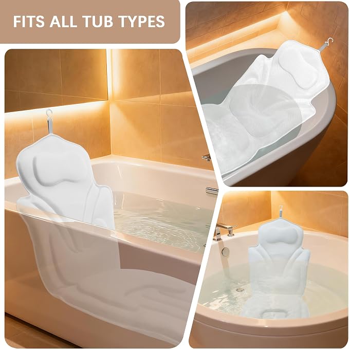 Full Body Bath Pillow for Bathtub - Thick Bathtub Cushion, Bathtub Pillow with 114 Suction Cups, 5D Air Mesh Bath Pillows for Tub Full Body, Head Neck Back Support, White 59 x 20 in