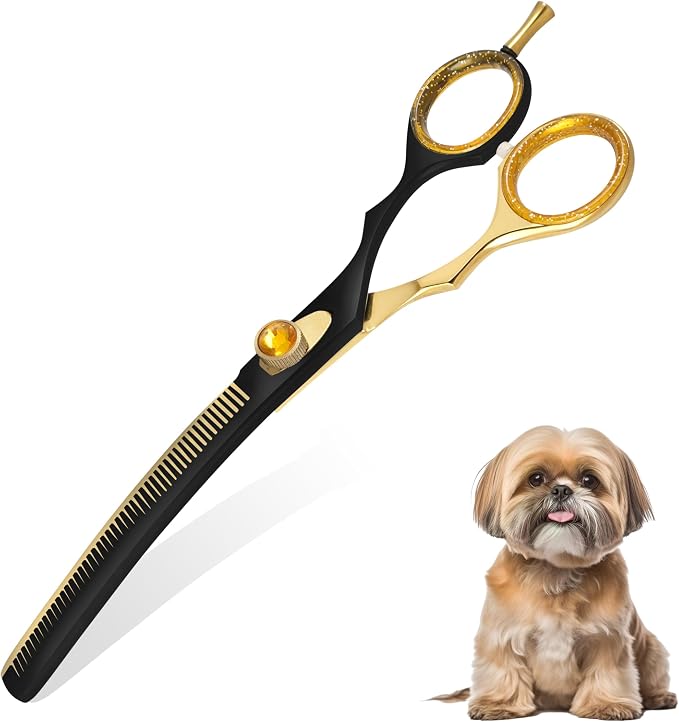 ZAVRIX Professional Dog Grooming Scissors – 7.5” Curved Thinning Shears with 34 Teeth, Pet Chunkers for Dogs & Cats, Premium 440C Stainless Steel Grooming Tools (Golden Black Curved Thinning Scissor)
