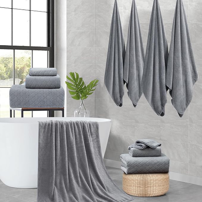 Ycosy 8 Piece Towel Set,2 Bath Sheet,2 Hand Towels and 4 Washcloths,Soft Extra Large Microfiber Towel Set,Oversized Highly Absorbent Quick Dry Towel Collection for Bathroom,Hotel,Spa-Gray