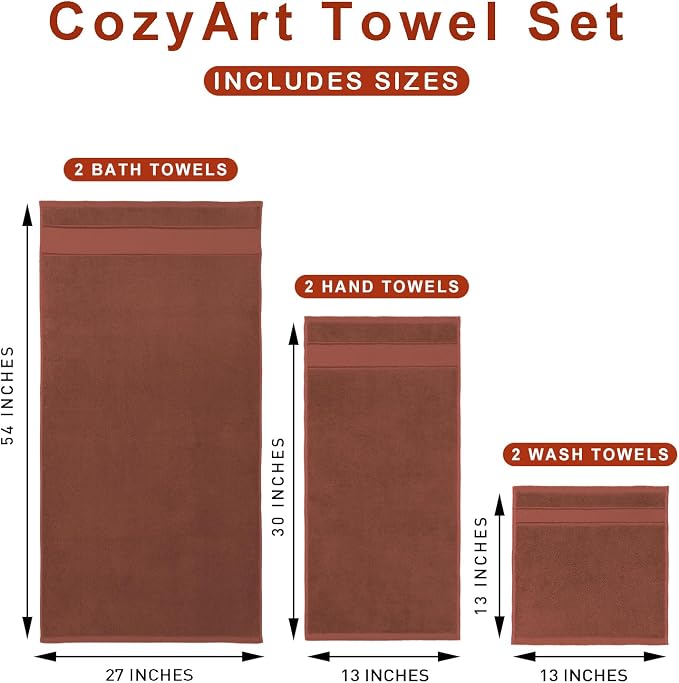 COZYART Terracotta Orange Bath Towel Set 6 Piece, 100% Zero Twist Ring Spun Turkish Cotton 650GSM, Ultra Soft Absorbent Fast Dry Hotel Quality Bathroom Towels