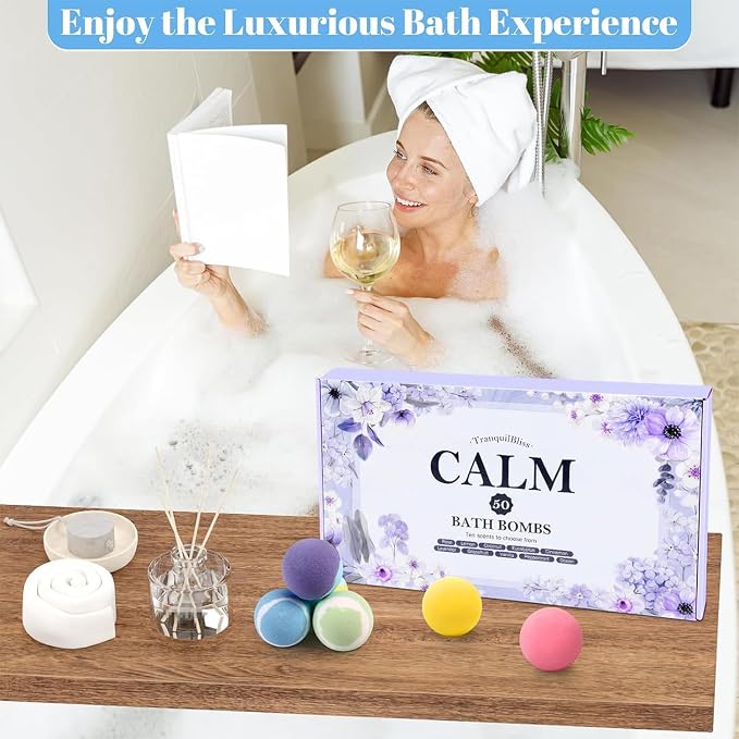 TranquilBliss Bath Bombs Set 50 PCS with 10 Rich Scents, Bath Bombs for Women, Natural Bubble Bombs with Shea Butter & Safe Oil, Ideal for Mother's Day, Valentine's Day, Birthday Present (Purple)