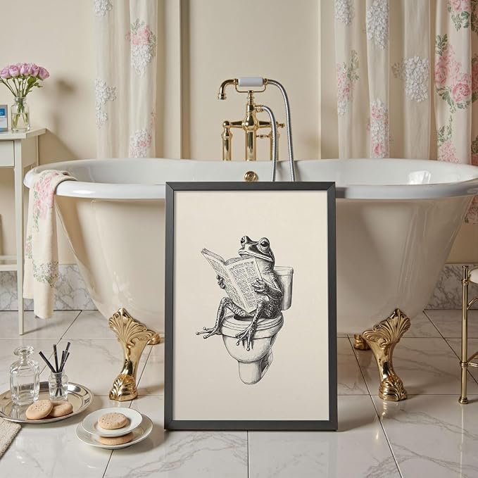 Frog on Toilet Poster – Funny Animal Bathroom Canvas Wall Art Quirky Black & White Frog Reading Newspaper Painting for Playful Restroom Living Room and Bedroom Decor 12X18 in Unframed