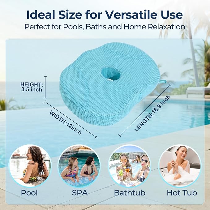 Idle Hippo Hot Tub Booster Seat, 4D Air Mesh Hot Tub Pillow with Powerful 6 Non-Slip Suction Cups, Ergonomic Booster Cushion, Quick Dry Spa Pillow for Indoor Outdoor Hot Tub-Lake Blue