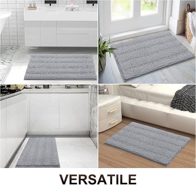 Grandaily Chenille Striped Bathroom Rugs 24x16, Extra Thick and Absorbent Bath Mats, Non-Slip Soft Plush Shaggy Shower Carpet, Machine Wash Dry, Bath Rug for Bathroom, (Small, Light Grey)