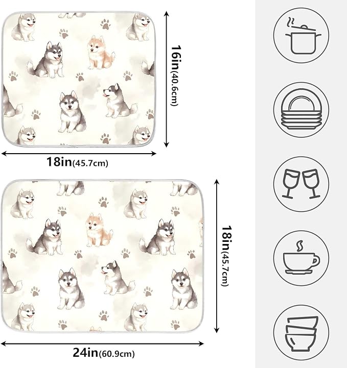 Cute Husky Dog Dish Drying Mat, Absorbent Drainer Mats for Kitchen Counter Coffee Maker 18"x16"