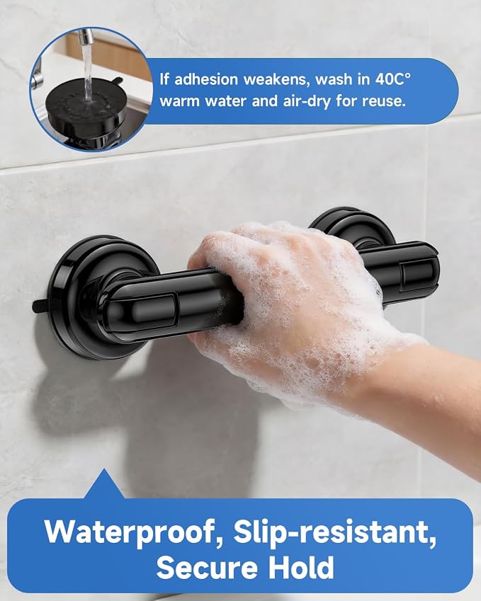 Suction Shower Handle, 2 Pack Grab Bars for Shower and Bathroom, Removable Safety Grip No Drilling & Waterproof, Heavy Duty Suction Cup Bath Handrails Grab Bars for Bathtubs, 11 inch - Black