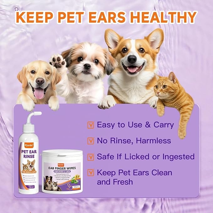 Pjordo Pet Ear Cleaner Set - Dog Ear Cleaner with Aloe Vera & Witch Hazel, Dog & Cat Ear Cleaner Solution for Soothing Ear Itching & Deodorize, Ear Wipes for Dogs & Cat Gently Removing Ear Wax & Dirt