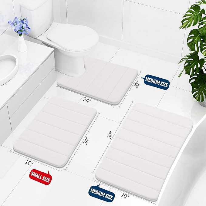 Buganda Memory Foam U-Shaped Contour Toilet Rugs, Absorbent, Thick Soft Washable Bathroom Mat, Floor Carpet Bath Rugs Mat for Toilet Base (24" x 20", White)