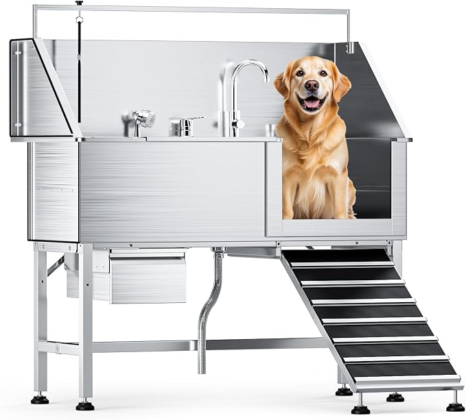 56" Professional Dog Washing Station, 304 Stainless Steel Pet Grooming Tub with Removable Ramp, 1.0mm Thick Anti-Rust Bath Tub, Adjustable Height & Detachable Faucet Kit for Dogs & Cats