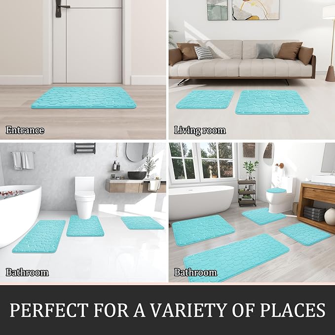 YIHOUSE Bathroom Rugs Mat Set, Memory Foam Bath Mat 5 Piece Teal | Non Slip, Water Absorbent, Washable, Bath Mat For Bathroom, Sink and Toilet