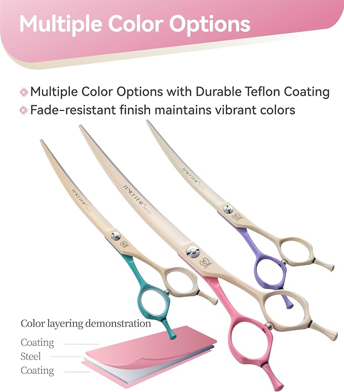 Curved Dog Grooming Scissors with Coating 440C Stainless Steel, 7 inch Professional Curved Shears Dog Grooming,25 Degree of Curved Blade,Pet Shears for Trimming Face and Paws, Pink & White