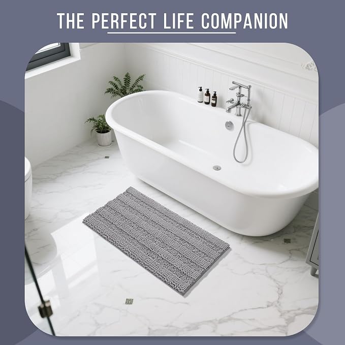 Yimobra Bathroom Rug Mat 44 x 24, Non Slip and Super Absorbent Bath Mat,Machine Washable Quick Dry,Ultra Plush Chenille Shower Rugs for Bathroom Floor Sink Tub and Shower Outside,Gray