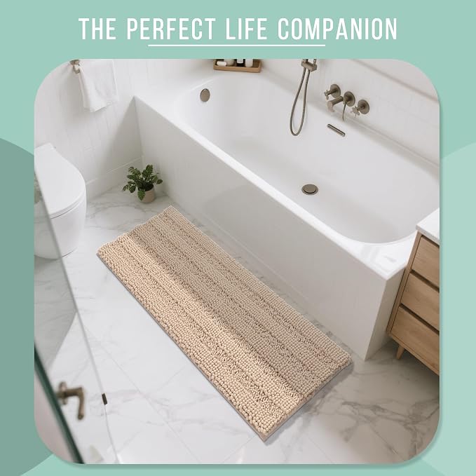 Yimobra Bathroom Runner Rugs 55"x24", Non Slip and Absorbent Bath Mat, Super Soft Water Absorbent Hallway Carpet, Machine Washable Rug for Vanity Tub Shower, Beige