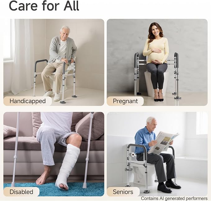 Loyoda Toilet Safety Frame for Seniors, Adjustable Toilet Safety Rail | Height& Width Adjustable, Padded Armrests, Foldable Aluminum Support Frame for Elderly, Disabled, Pregnant, 350 lb, Gray