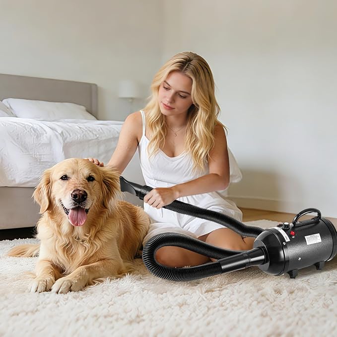 NESTROAD Dog Dryer, 4.3HP/3200W High Velocity Pet Hair Dryer, Stepless Adjustable Speed, Quick-Drying, Reduce Noise & Heat Insulation, 4 Nozzles and a Brush, Black