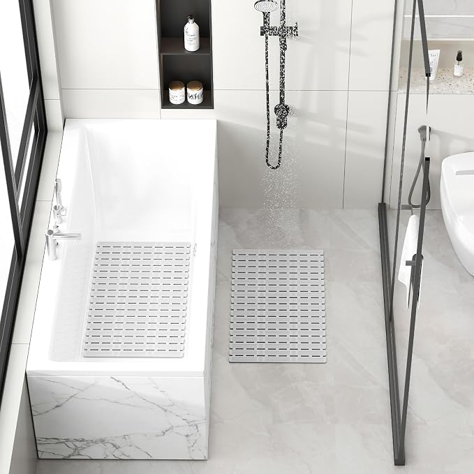 XIYUNTE Shower Mat Non Slip Bath Mat for Tub - 27 X 16 Inch TPE Bathtub Mat Non Slip Shower Mats for Inside Shower, Bath Tub Mat with Powerful Suction Cup, Easy to Cut and Dry, Light Grey