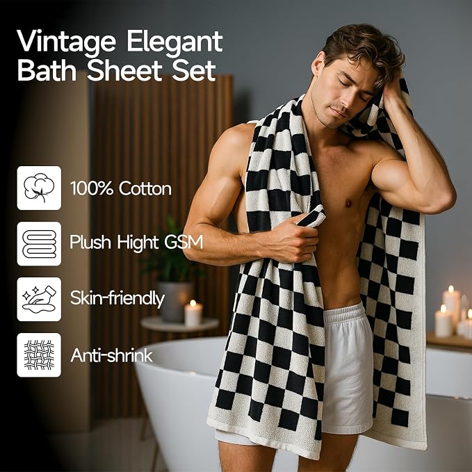 REDKISS 2 Piece Large Black and White Bath Towels Set - 27”x55” Highly Absorbent 600GSM Cotton Checkered Towels for Bathroom Decoration, Retro Checkered Design