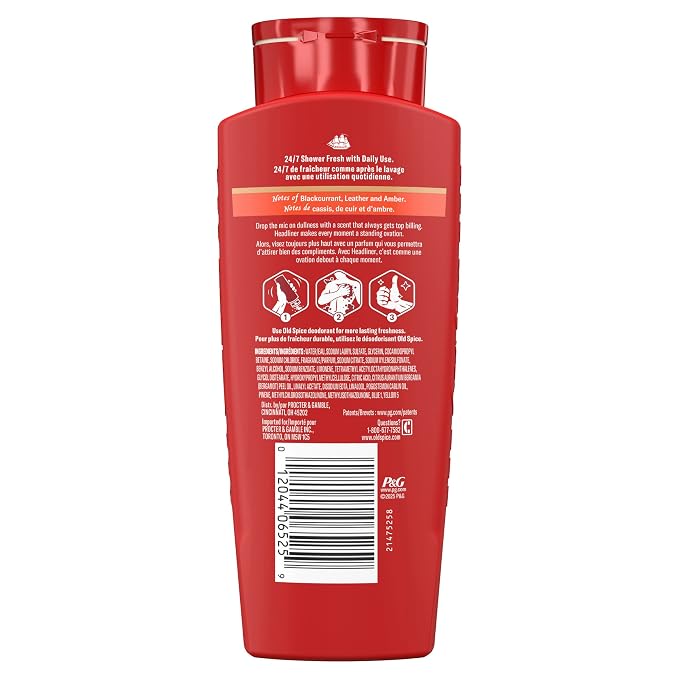 Old Spice Body Wash for Men, 24/7 Shower Fresh & Clean with Daily Use, Lasting Signature Scent, Refreshing Lather, Moisturizing Formula, Headliner with Black Currant, Leather, & Amber Scent, 24 oz
