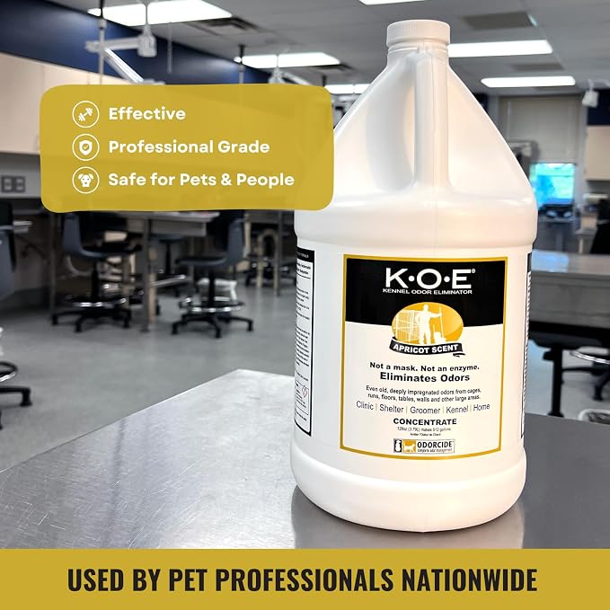 Odorcide K.O.E. Apricot Odor Eliminator Concentrate for Strong Odor for Cages, Runs & More – Home & Kennel w/Safe, Non-Enzymatic Formula - 128 oz