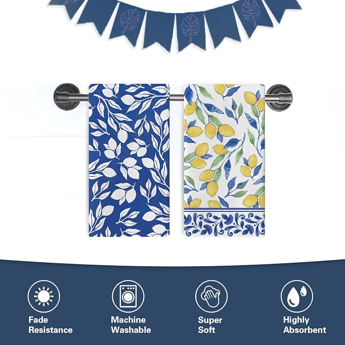 Italian Capri Blue Lemon Kitchen Dish Towels Set of 2, Amalfi Coast Italy Tile Pattern Citrus Drying Hand Towel Baking Cooking Cloth, Summer Mediterranean Bathroom Home Decoration 18'' x 26''