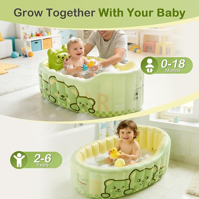 Inflatable Baby Bathtub, Newborn to Toddler Reclining Bath Tub with Soft Back Cushion & Air Pump, Foldable Portable Infant Tub for Shower Sink, Non-Slip, Quick-Drain Plug, Travel-Ready, Green