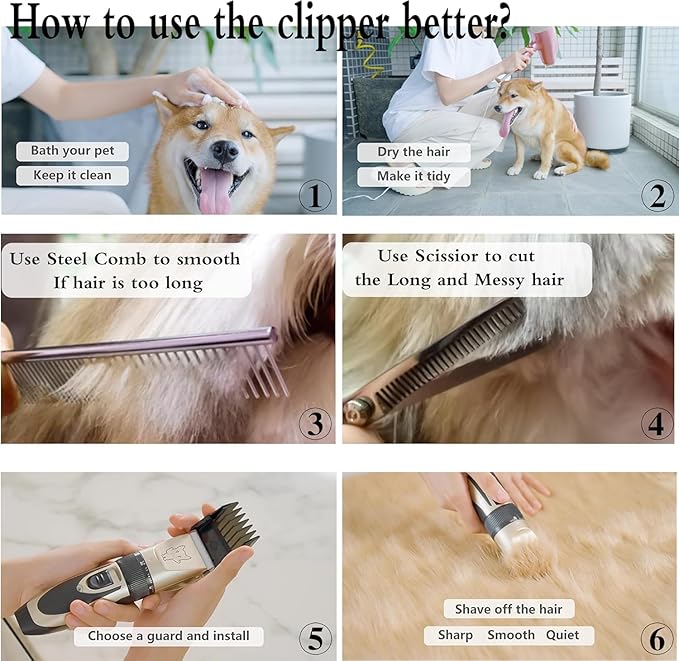 Highdas Dog Clippers for Grooming Low Noise, Cordless Electric Dog Grooming Kit Clippers Rechargeable, Quiet Dog Shaver, Pet Hair Trimmer Kit for Dogs & Cats (Silver)