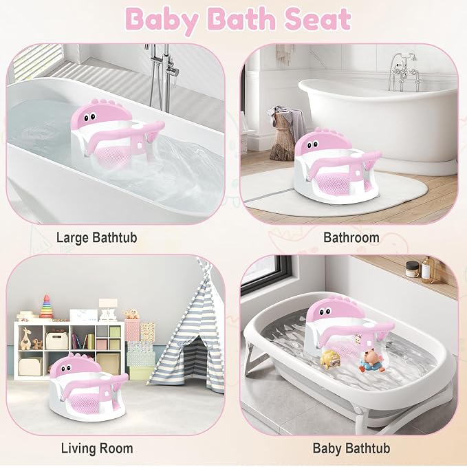 Baby Bath Seat for Babies 6 Months & Up Sitting Up, Non-Slip Baby Bath Chair with Suction Cup, Safe and Comfortable Portable Infant Bath Seat for Bathroom, Bathtub Tub, Easy to Clean (Pink)