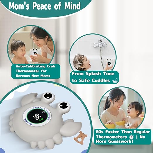 Baby Bathtub Thermometer with LED Display Screen+Grey Crab toy-2-in-1 | Color Coded Alarm (Cold/Comfortable/hot) Bath Temperature Monitor, Adorable Floating Toys for Infants, Essential for Babies