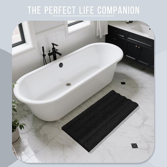 Yimobra Bathroom Rug Mat 47 x 24, Non Slip and Super Absorbent Bath Mat,Machine Washable Quick Dry,Ultra Plush Chenille Shower Rugs for Bathroom Floor Sink Tub and Shower Outside,Black