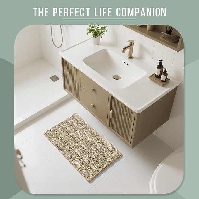 Yimobra Bathroom Rug Mat 32 x 20, Non Slip and Super Absorbent Bath Mat,Machine Washable Quick Dry,Ultra Plush Chenille Shower Rugs for Bathroom Floor Sink Tub and Shower Outside,Camel