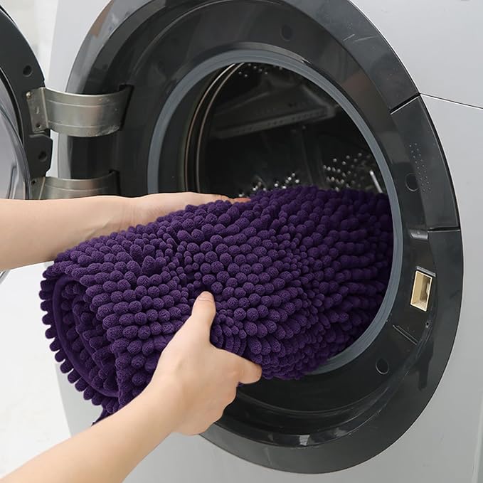 Striped Eggplant Purple Bathroom Rug Set 3 Pieces Ultra Soft, Non Slip Chenille Bath Carpet, Absorbent Plush Shaggy Bath Mats for Bathroom, Toilet, Bedroom, Kitchen