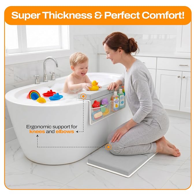 Bath Kneeler and Elbow Rest Pad Set-Baby Bath Kneeler with 1.5'' Comfortable Thick Memory Foam Cushion, Non-Slip Knee & Arm Support for Baby Bath Time,Foldable Bath Mat for Baby with Storage Pockets