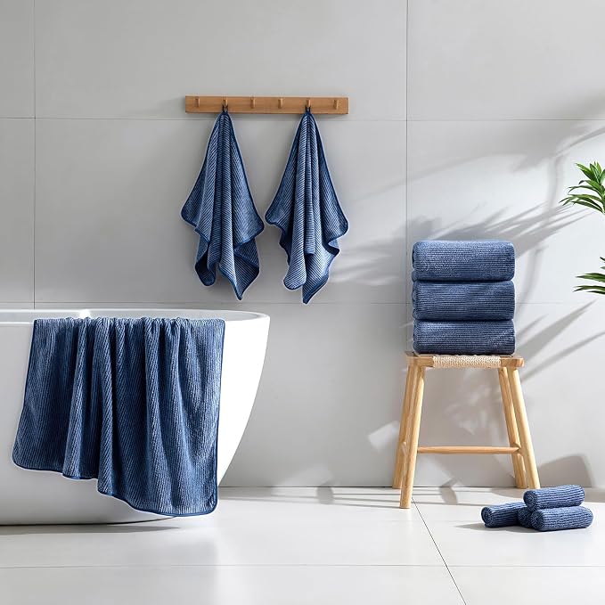 8-Piece Premium Towel Set for Bathroom|2 Oversized Large Bath Sheet,2 Hand Towels,4 Washcloths|Soft Cozy Highly Absorbent Fast Dry Microfiber Shower Towel Set for Hotel Bathroom Essentials,Navy Blue