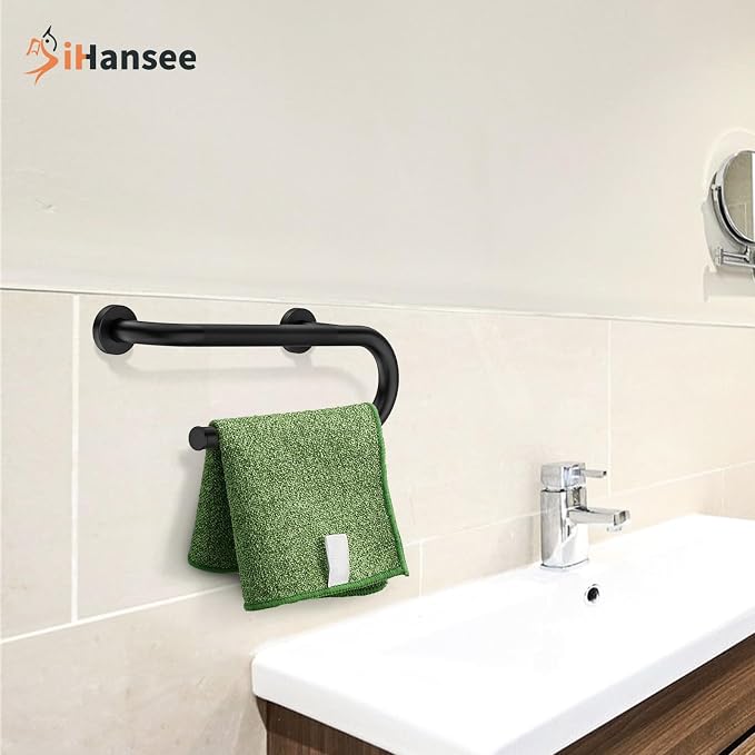 ๐๐ฉ๐ ๐ซ๐๐๐๐ Toilet Grab Bars 16 Inch - Toilet Paper Holder Grab Bar Stainless Steel Knurled Toilet Grab Bars for Seniors Bathtub Bathroom Rails for Elderly Bath Safety Balance Support, Black