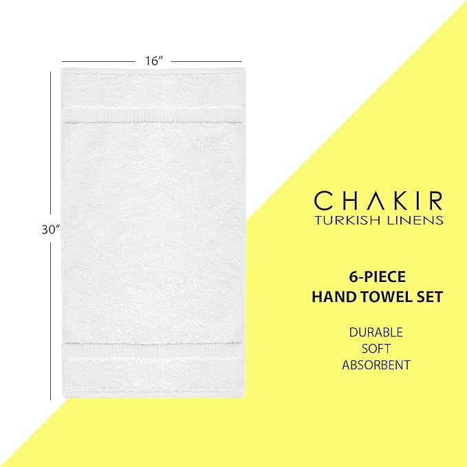 Chakir Turkish Linens 6 Piece Hand Towels, 100% Cotton Luxury Turkish Towels for Bathroom, Soft Absorbent Hand Towel Set, 16 x 30 Inches, White