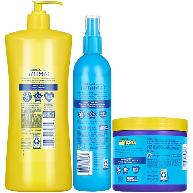 Suave Kids Minions Hair Products Bundle – 3-in-1 Coco-Craze Slime & Fun Fresh Shampoo, Conditioner & Body Wash + Detangler Spray, 28 Oz Ea (3 Piece Set)