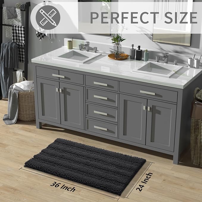 Yimobra Bathroom Rug Mat 36 x 24, Non Slip and Super Absorbent Bath Mat,Machine Washable Quick Dry,Ultra Plush Chenille Shower Rugs for Bathroom Floor Sink Tub and Shower Outside,Black