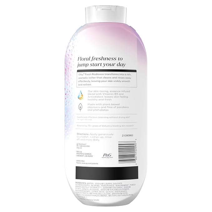 Olay Body Wash for Women, Fresh Radiance, 24/7 Skin-Loving Freshness, Visibly Radiant, Plant Based Cleansers, Vitamin B3 & Antioxidant Blend, For All Skin Types, Orchid & Black Currant Scent, 22 fl oz