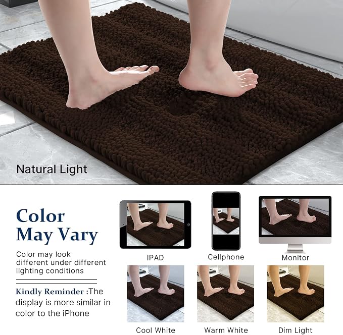 Yimobra Bathroom Rug Mat 36 x 24, Non Slip and Super Absorbent Bath Mat,Machine Washable Quick Dry,Ultra Plush Chenille Shower Rugs for Bathroom Floor Sink Tub and Shower Outside,Brown