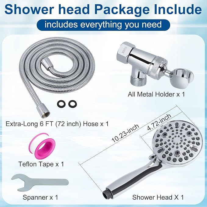 Shower Head with Handheld - All Metal Holder and Long Hose, High Pressure Built-in Power Wash to Clean Tub, Tile & Pets, Multi Mode Adjustment Showerhead Sprayer, Chrome 2.5 GPM
