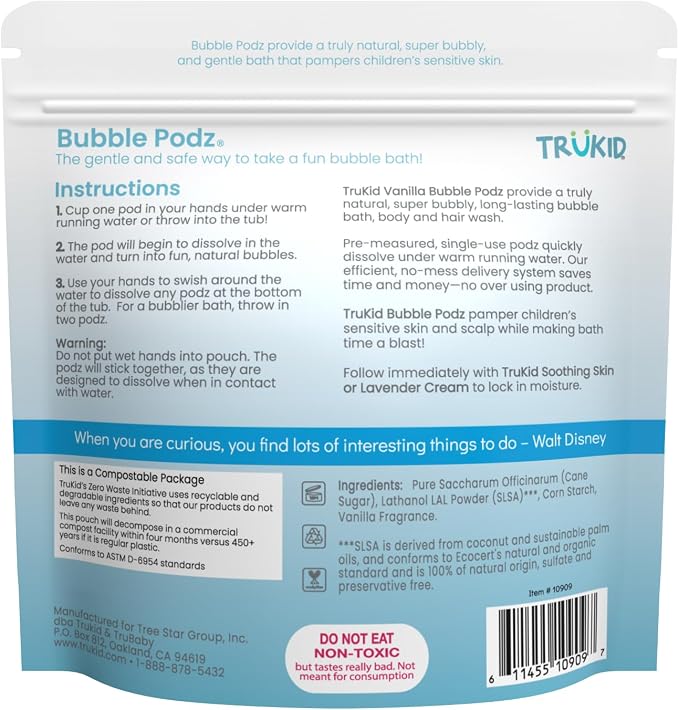 TruKid Bubble Podz Bubble Bath for Kids, Toddlers, & Babies, Tear Free Gentle & Refreshing Bath Bomb for Sensitive Skin with Natural Moisturizers, Non-Toxic, pH Balanced, Vanilla Scent (10 Podz)