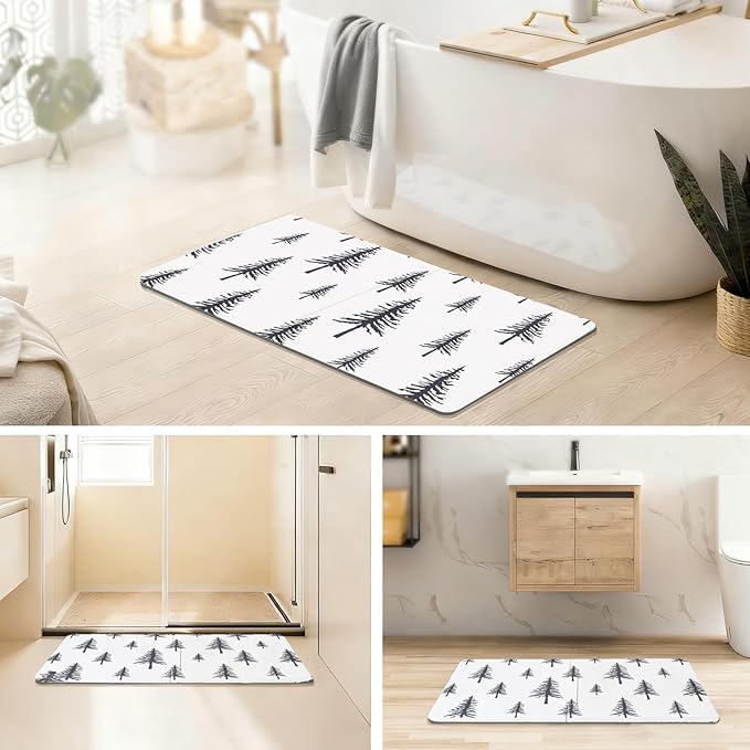 Black Stone Bath Mat - 24x16 Inch, Fast Absorbent Large Black and White Tree Stone Bath Mats for Bathroom Decor Quick Dry Non-Slip Shower & Bathtub & Drying Mat