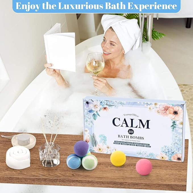 TranquilBliss Bath Bombs Set 50 PCS with 10 Rich Scents, Bath Bombs for Women, Natural Bubble Bombs with Shea Butter & Safe Oil, Ideal for Mother's Day, Valentine's Day, Christmas, Birthday Present