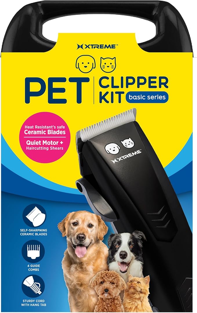 Xtreme Pet Hair Clippers, Hair Clippers for Pets with Self-Sharpening & Heat-Resistant Ceramic Blades, Low-Noise Quiet Motor, Painless Clippers for Dogs & Cats with 4 Guide Combs, Dog Grooming Kit