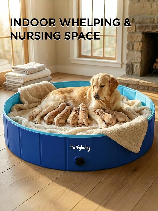 Furrybaby Dog Pool, Foldable Dog Pools for Large Dogs Portable Kiddie Pool Pet Doggie Wading Swimming(Navy 47'') Indoor and Outdoor