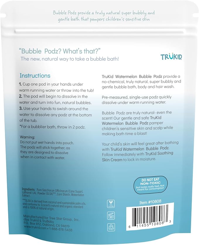 TruKid Bubble Podz Bubble Bath for Kids, Toddlers, & Babies, Tear Free Gentle & Refreshing Bath Bomb for Sensitive Skin with Natural Moisturizers, Non-Toxic, pH Balanced, Watermelon Scent (60 Podz)